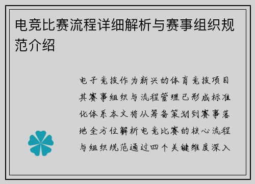 电竞比赛流程详细解析与赛事组织规范介绍